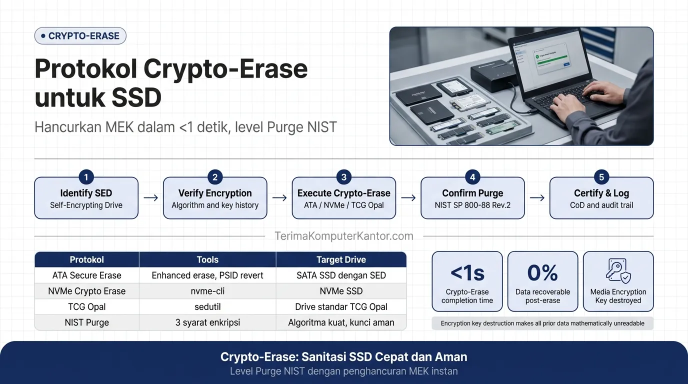iagram mekanisme Crypto-Erase menghancurkan Media Encryption Key pada Self-Encrypting Drive