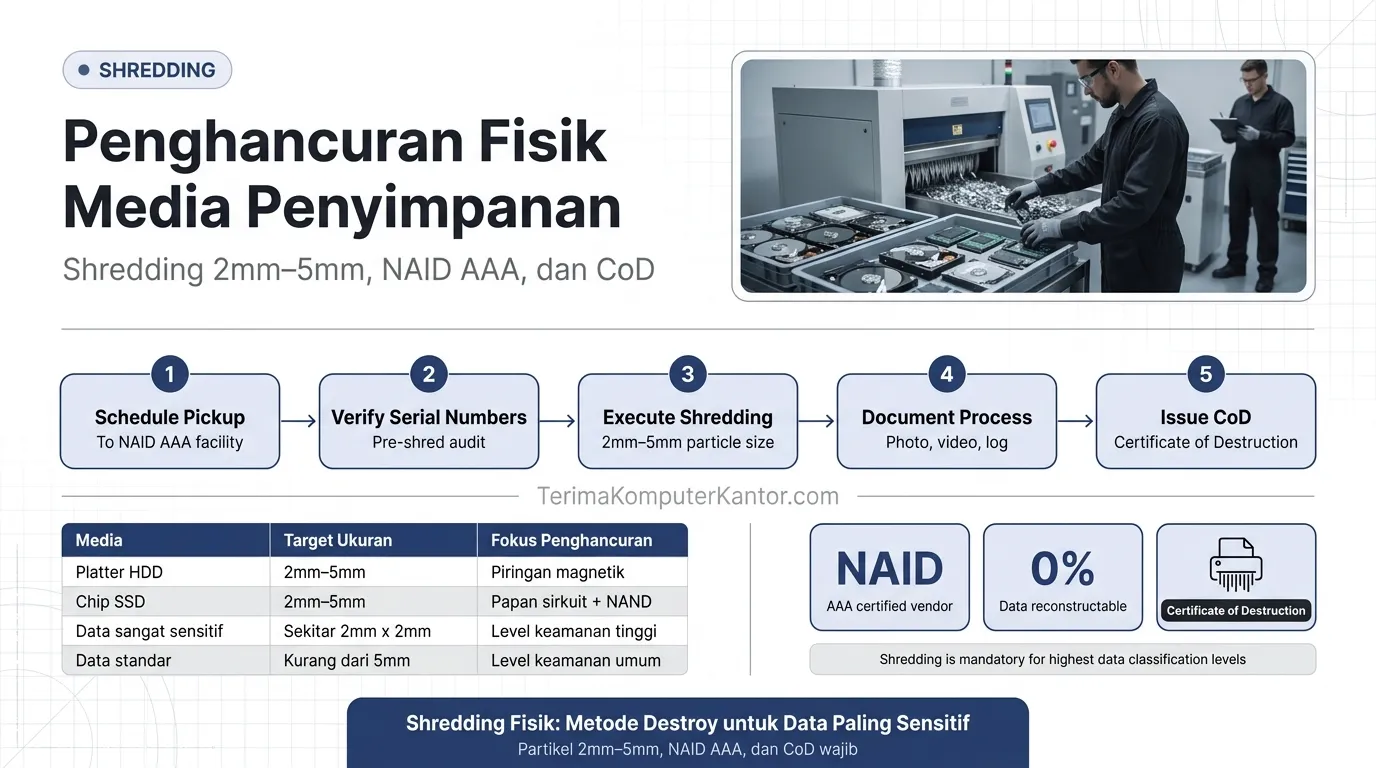 diagram tahapan physical shredding media penyimpanan hingga partikel 2mm sesuai standar NAID AAA