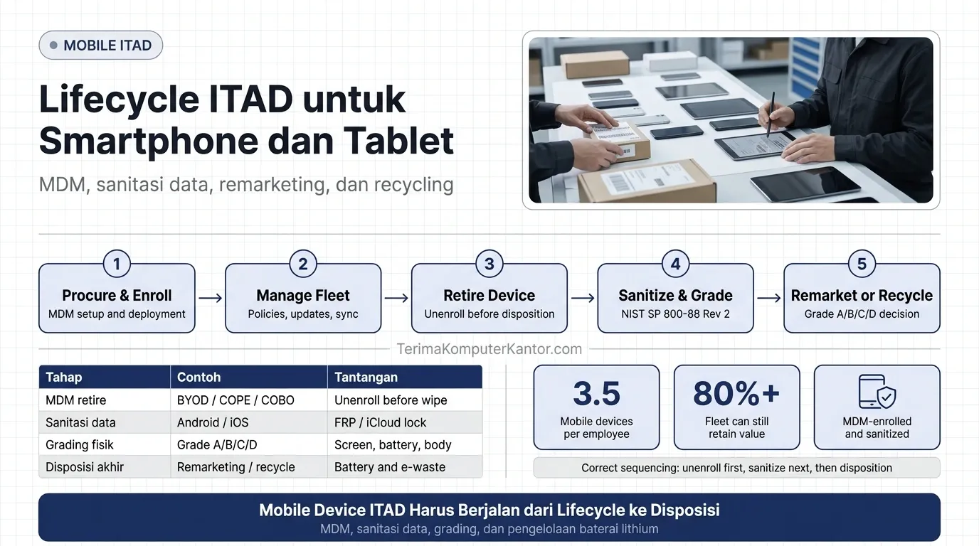 Diagram siklus hidup perangkat mobile enterprise dari enrollment MDM hingga IT Asset Disposition