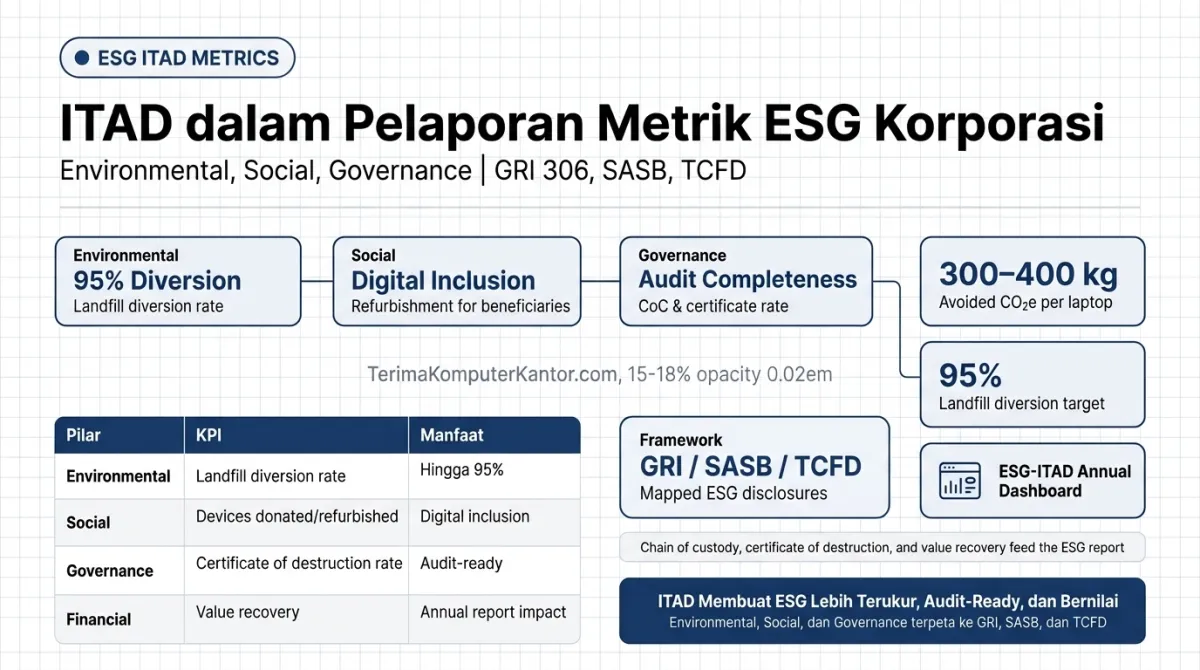 Diagram hubungan praktik ITAD dengan tiga pilar ESG: Environmental, Social, Governance |