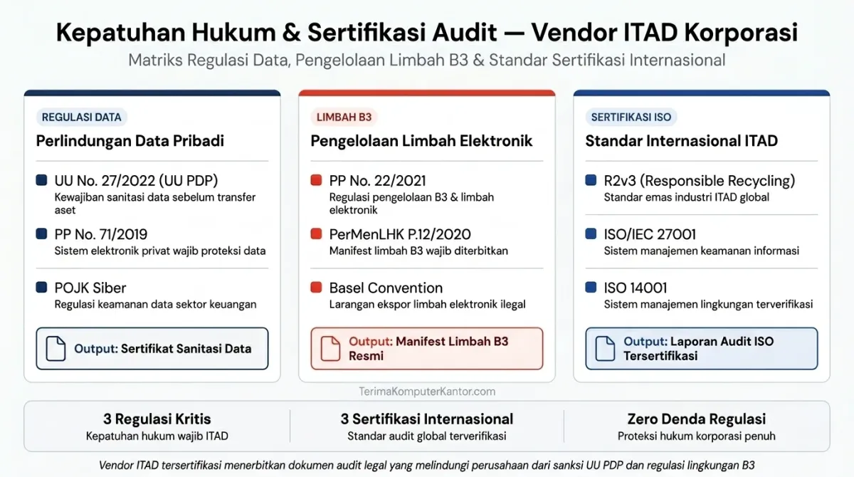 Matriks kepatuhan hukum praktik ITAD mencakup regulasi data UU PDP, pengelolaan limbah B3, dan sertifikasi audit ISO.