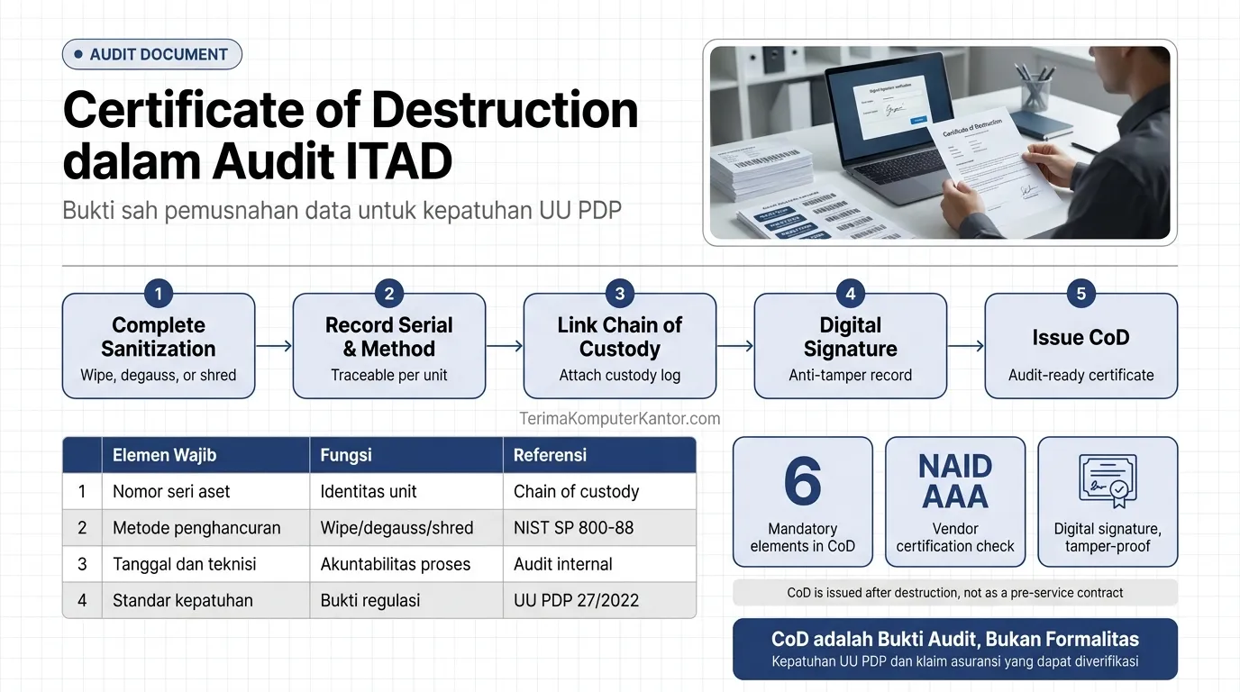 diagram enam elemen wajib Certificate of Destruction pada laporan audit aset IT