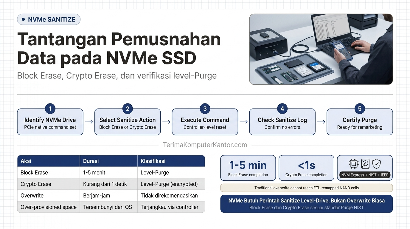 diagram tiga aksi perintah Sanitize NVMe Block Erase Crypto Erase Overwrite