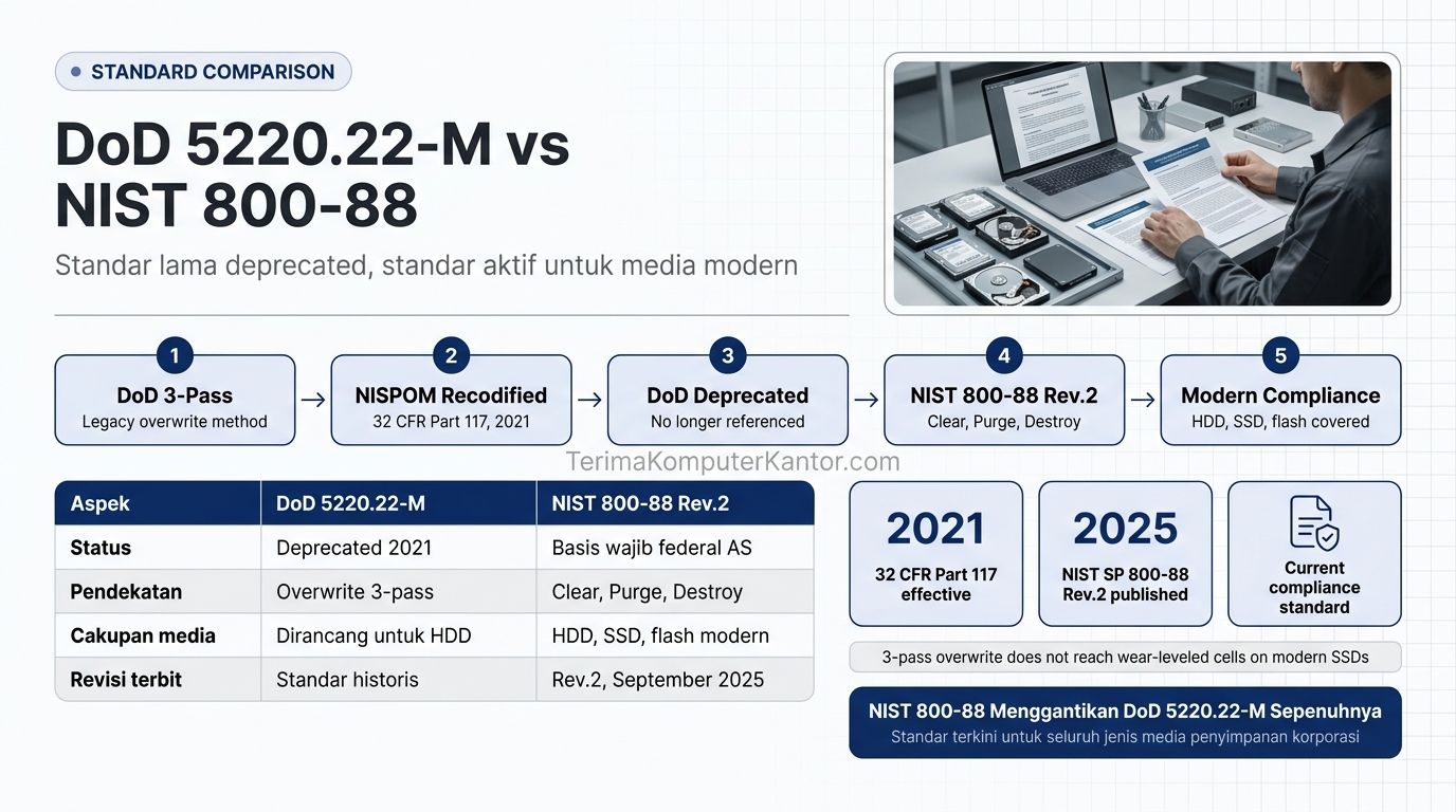 tabel perbandingan standar sanitasi data DoD 5220.22-M dan NIST 800-88 Revisi 2