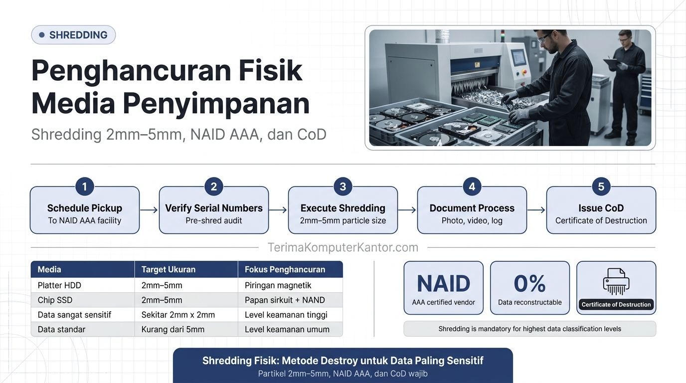 diagram tahapan physical shredding media penyimpanan hingga partikel 2mm sesuai standar NAID AAA