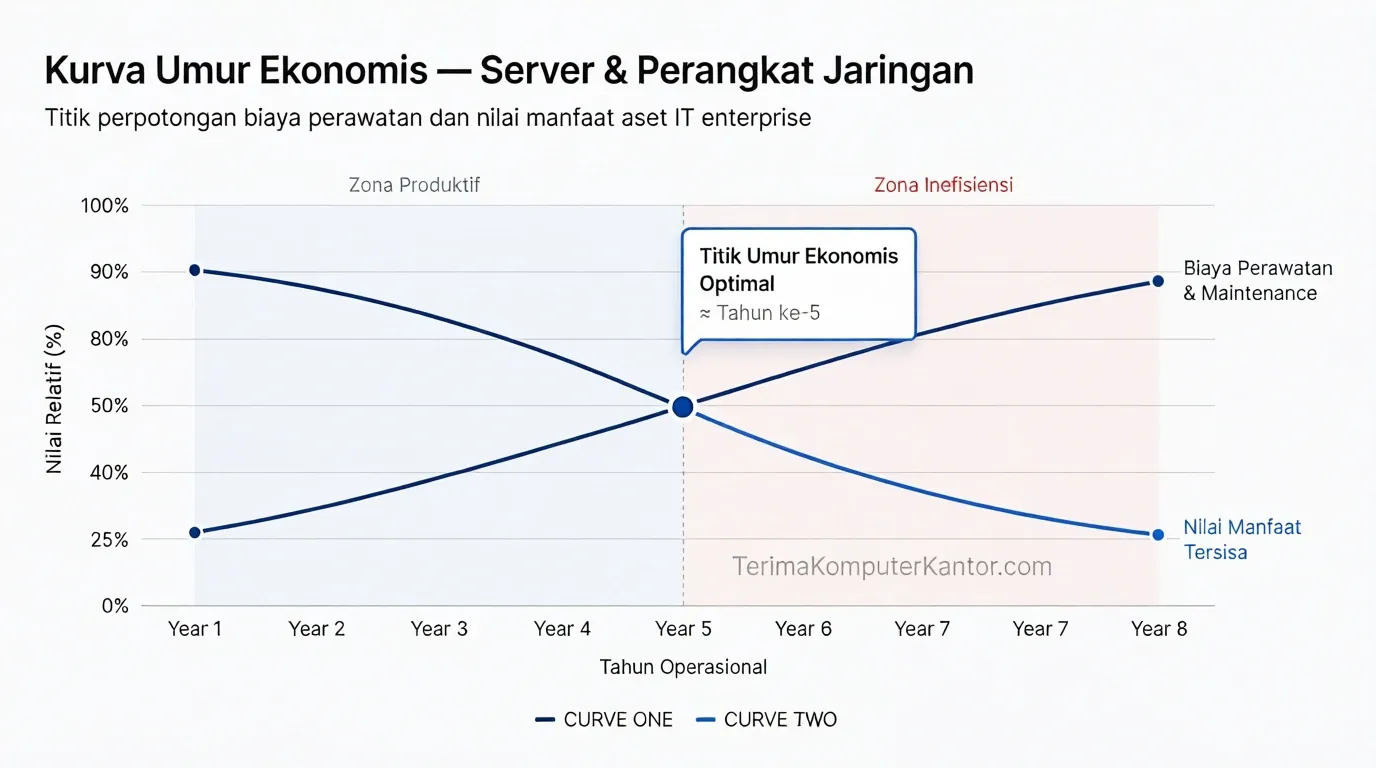 Grafik perpotongan biaya perawatan dan nilai manfaat batas umur ekonomis server B2B.