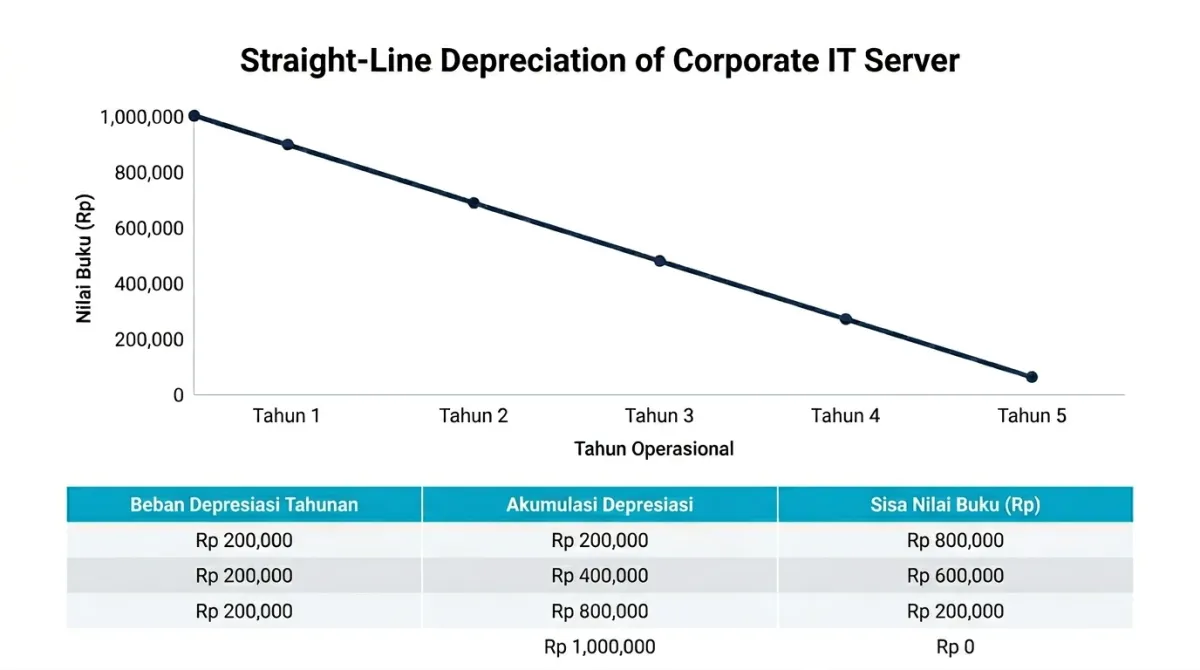Grafik kalkulasi penyusutan linear pada depresiasi finansial perangkat IT korporat.