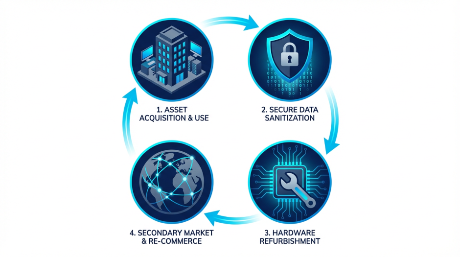 Diagram siklus ekonomi sirkular IT asset disposition dan remarketing B2B.