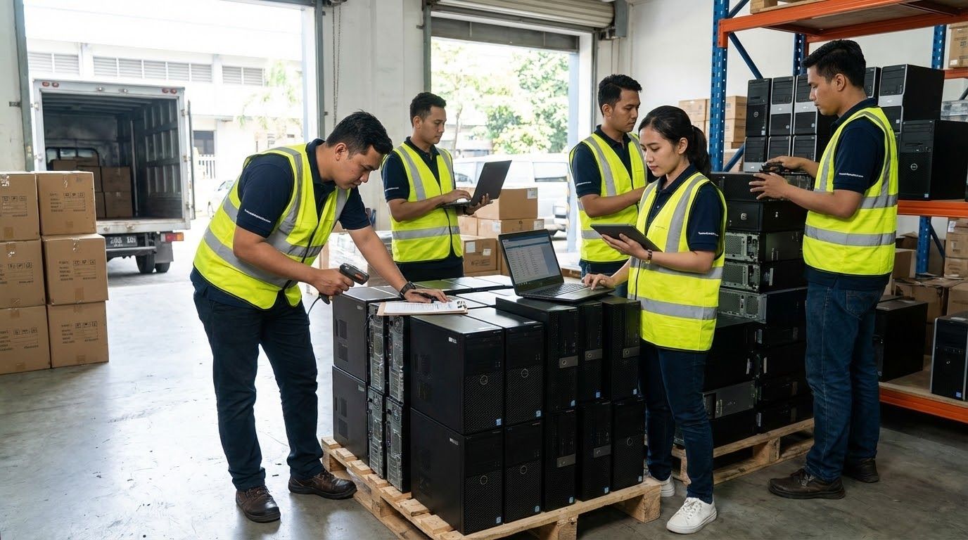 Tim logistik TerimaKomputerKantor.com melakukan inspeksi unit borongan komputer bekas kantor di wilayah Surabaya.