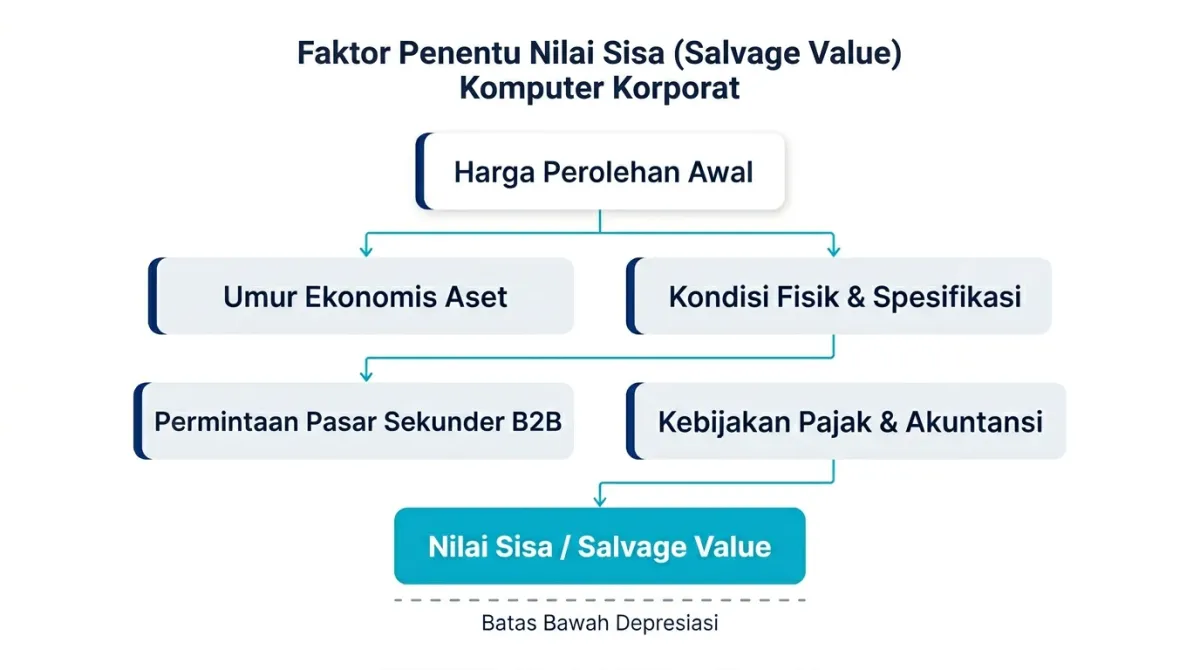 Diagram komponen penentu nilai sisa atau salvage value pada kalkulasi depresiasi komputer kantor korporat.