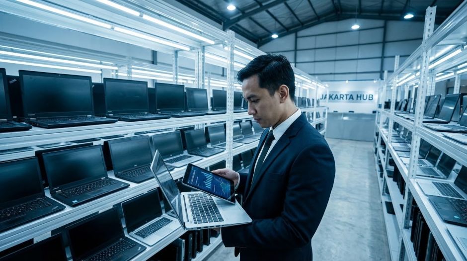 Stok borongan laptop bekas kantor berbagai merek seperti ThinkPad dan Dell di gudang TerimaKomputerKantor.com