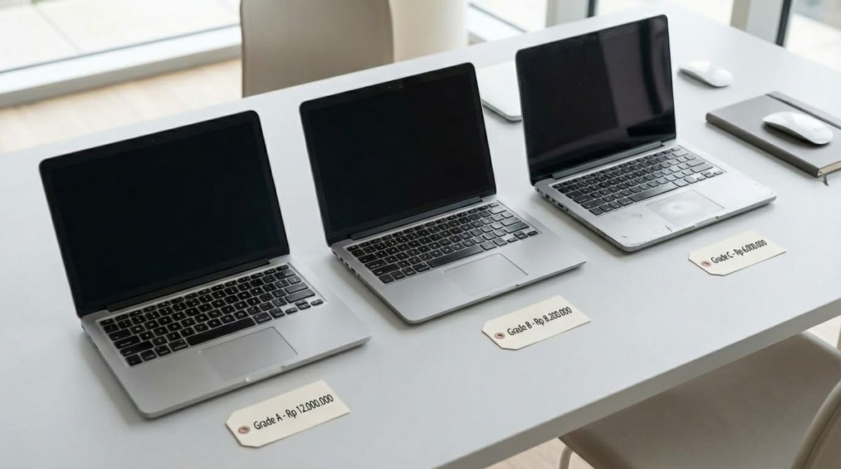 Ilustrasi laptop kantor Grade A, B, C dengan perbandingan kondisi fisik dan harga jual borongan