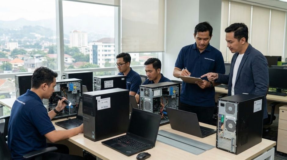 Tim TerimaKomputerKantor.com melakukan inspeksi fisik lelang komputer bekas kantor di Bandung