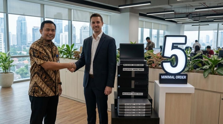 Tim vendor buyback aset IT perusahaan sedang mengangkut lima unit komputer bekas sebagai pesanan minimal