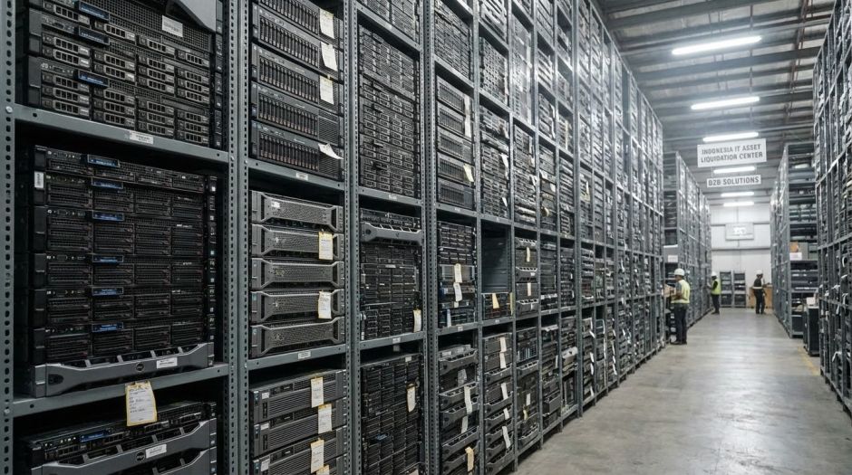 Tumpukan unit server bekas memenuhi gudang perusahaan untuk proses likuidasi aset IT.