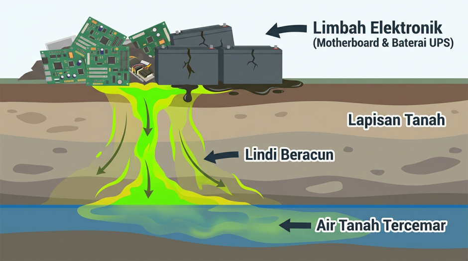 Diagram pencemaran air tanah akibat limbah elektronik korporat motherboard dan baterai UPS.