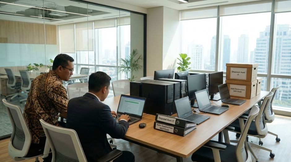 Manajer IT perusahaan sedang menjelaskan proses menjual aset komputer kantor kepada vendor buyback profesional