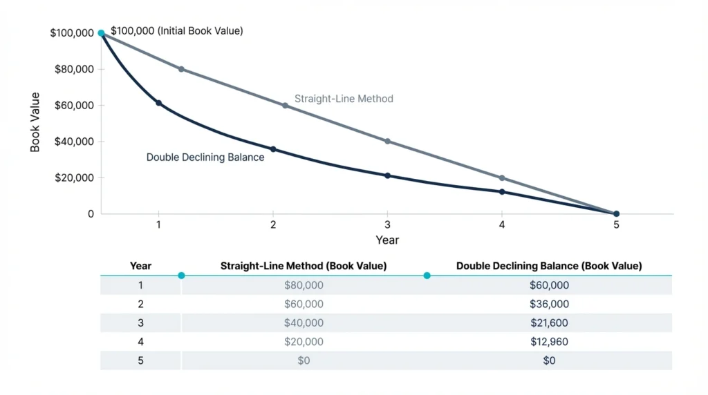 Grafik perbandingan kurva depresiasi saldo menurun ganda dan garis lurus pada kalkulasi nilai server data center B2B.
