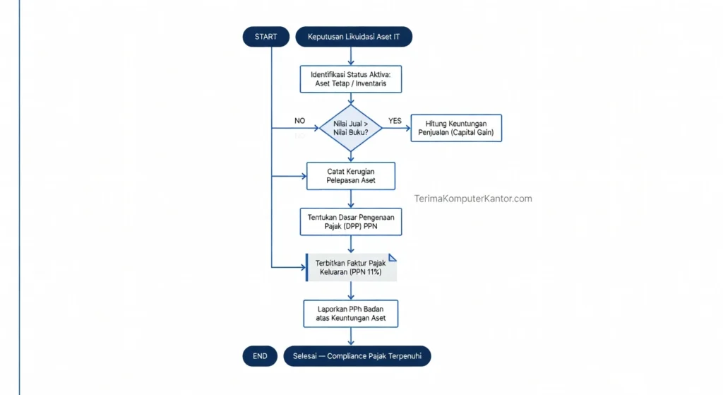 Flowchart prosedur pelaporan PPN dan PPh atas penjualan aset IT bekas korporasi B2B.