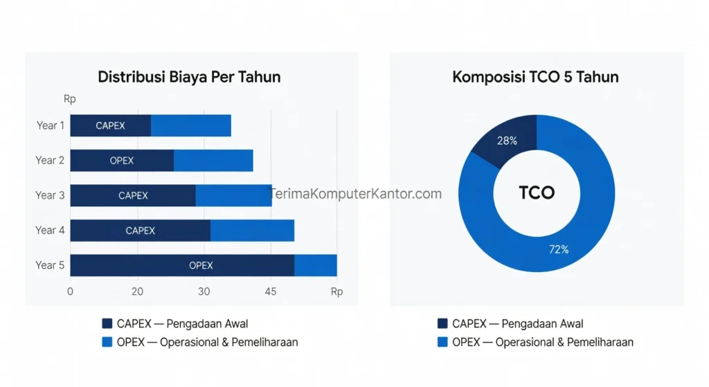 Grafik komponen CAPEX dan OPEX pada Total Cost of Ownership infrastruktur IT korporasi.