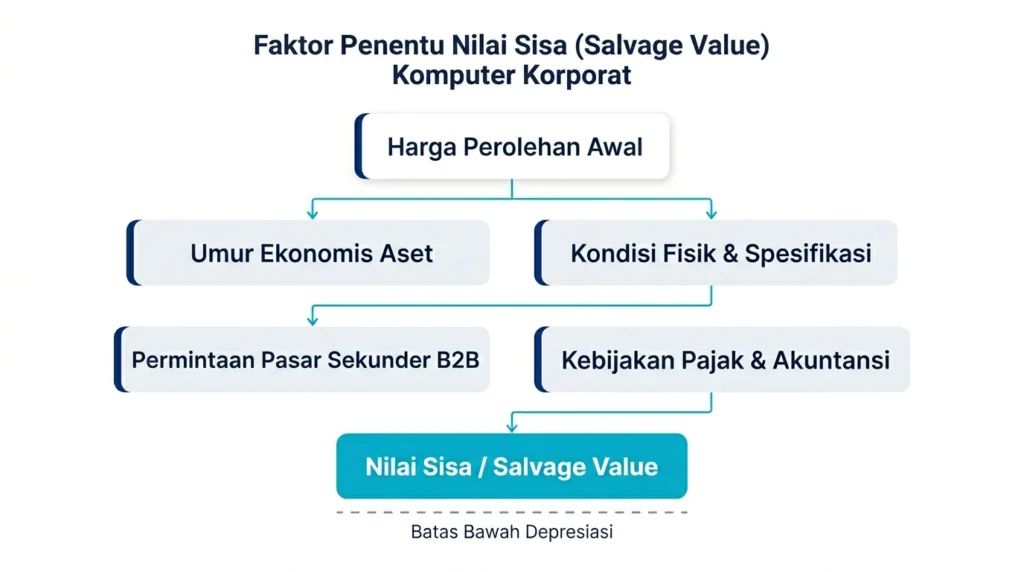 Diagram komponen penentu nilai sisa atau salvage value pada kalkulasi depresiasi komputer kantor korporat.