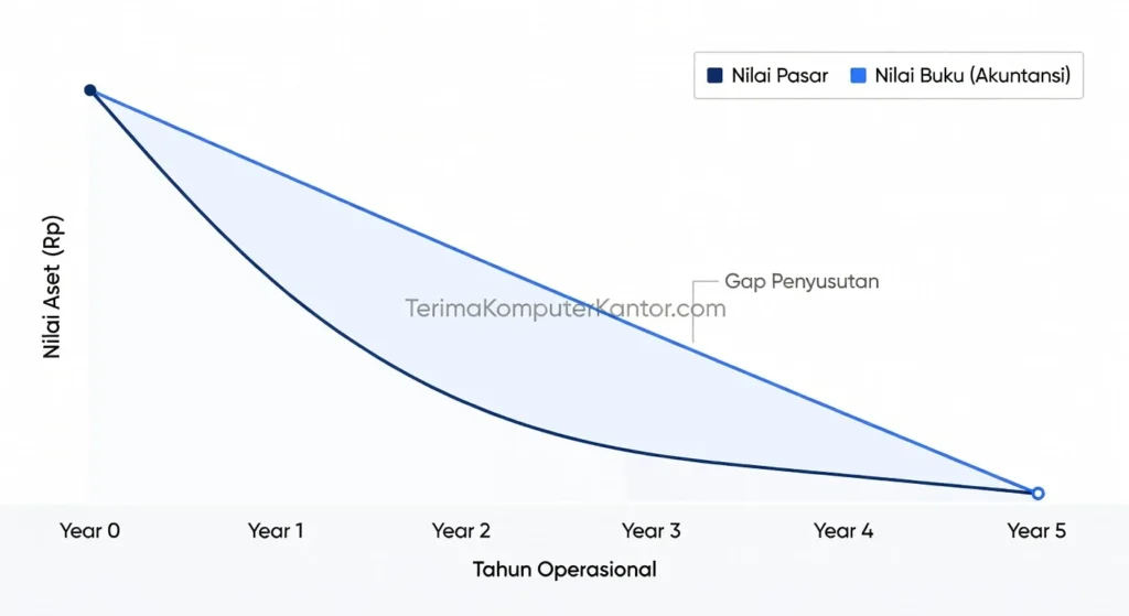 Grafik komparasi perbedaan nilai buku dan nilai pasar perangkat keras IT korporat B2B.