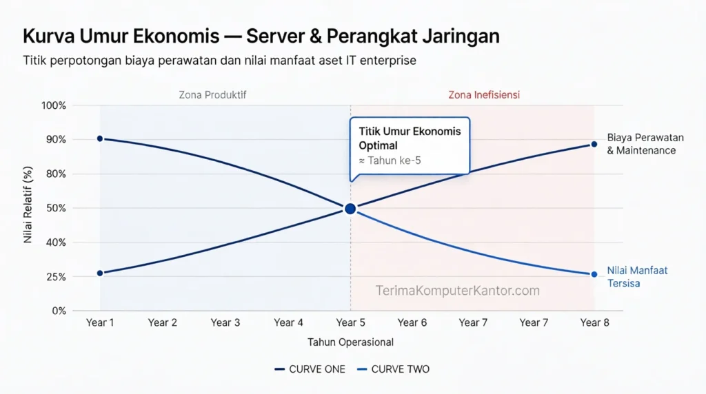 Grafik perpotongan biaya perawatan dan nilai manfaat batas umur ekonomis server B2B.