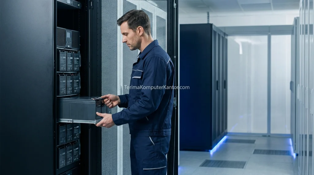 Teknisi layanan jasa buyback aset IT mengevaluasi kesehatan fisik baterai VRLA pada rak UPS data center skala enterprise.