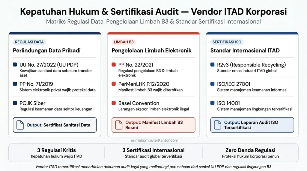 Matriks kepatuhan hukum praktik ITAD mencakup regulasi data UU PDP, pengelolaan limbah B3, dan sertifikasi audit ISO.