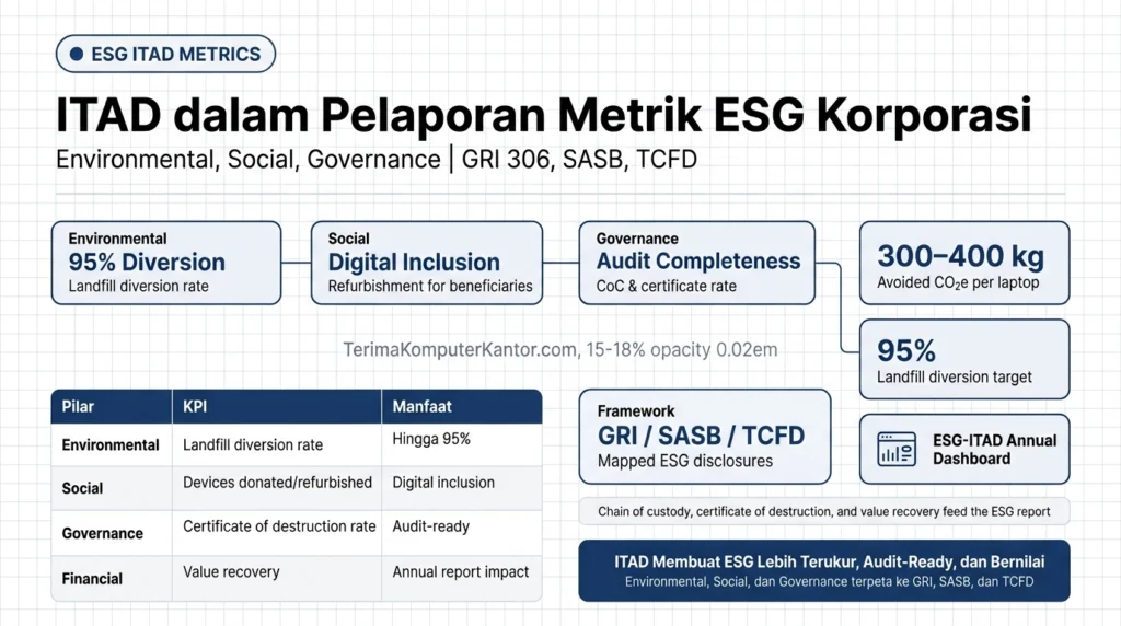 Diagram hubungan praktik ITAD dengan tiga pilar ESG: Environmental, Social, Governance |