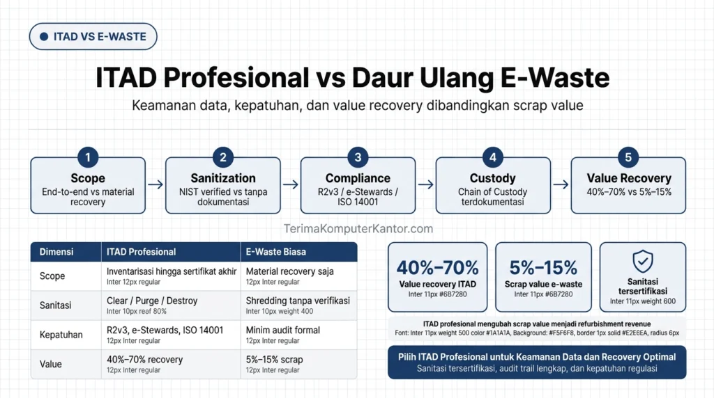 Tabel perbandingan layanan ITAD profesional dan daur ulang e-waste konvensional
