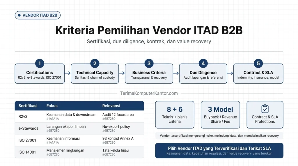 Tabel perbandingan tiga sertifikasi vendor ITAD: R2v3, e-Stewards, ISO 27001 