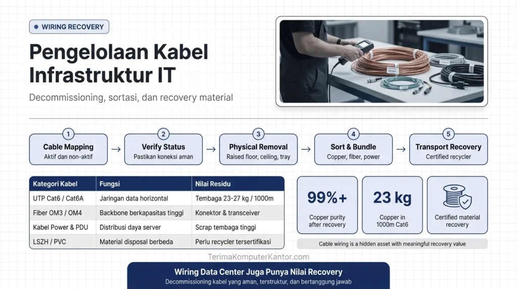 Infografis jenis kabel infrastruktur data center dan kandungan materialnya