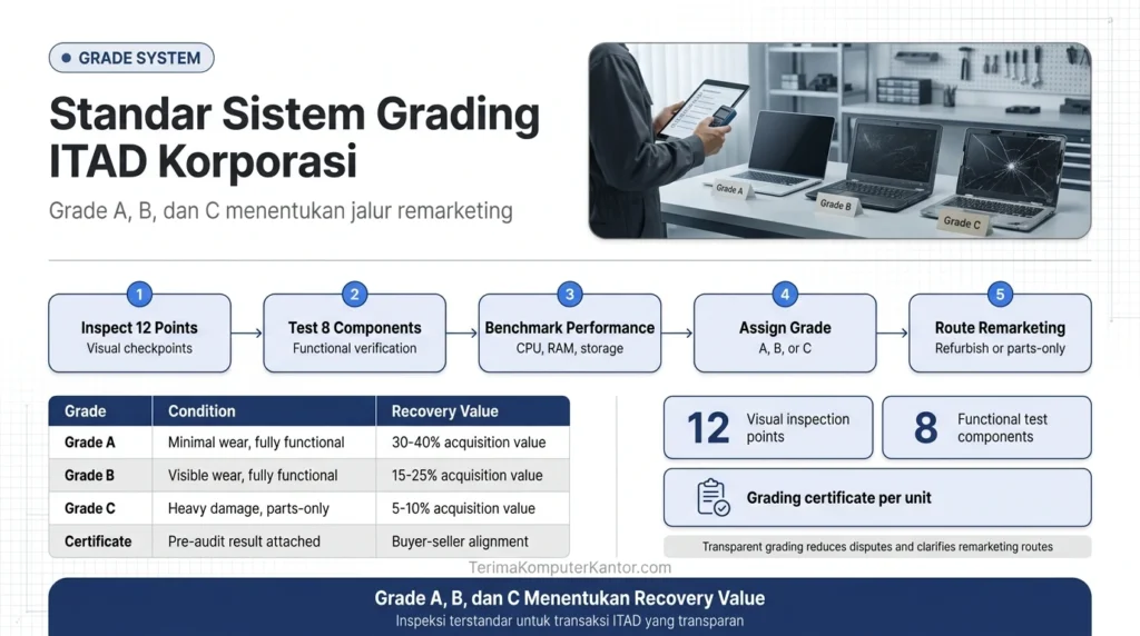 sistem grading Grade A B C pada perangkat IT bekas korporasi dengan kriteria penilaian