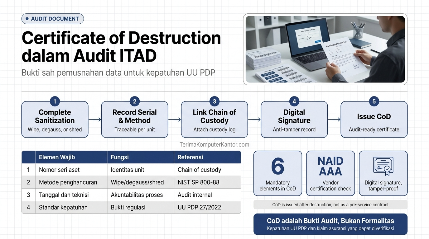 diagram enam elemen wajib Certificate of Destruction pada laporan audit aset IT