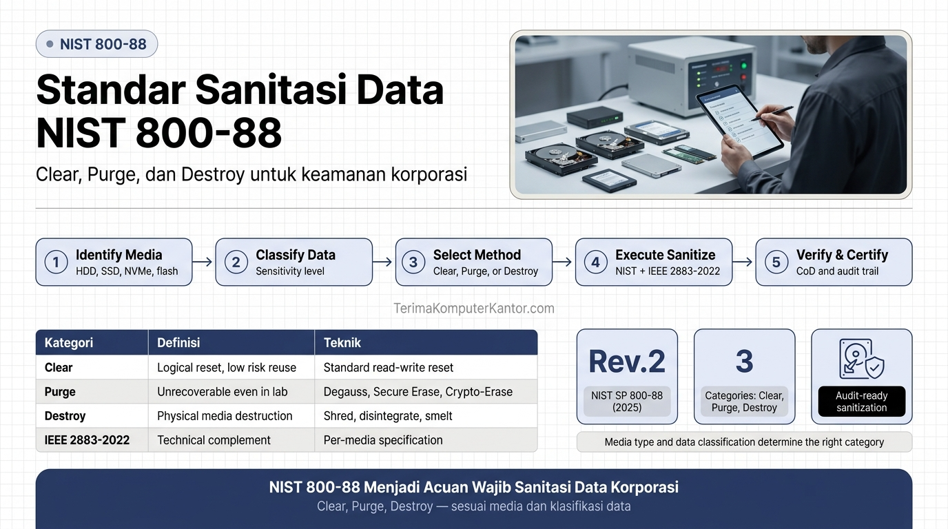 diagram tiga kategori sanitasi data NIST 800-88 — Clear, Purge, dan Destroy untuk aset IT korporasi