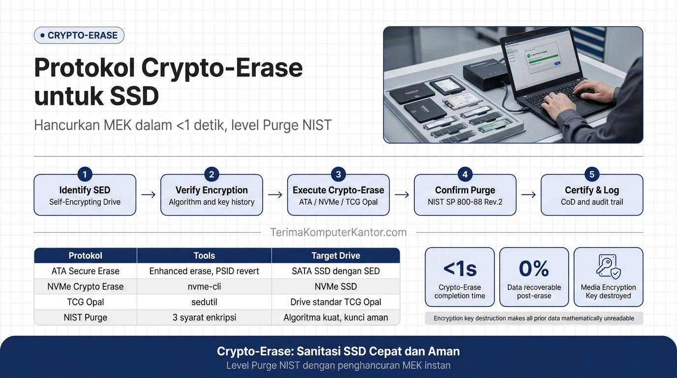iagram mekanisme Crypto-Erase menghancurkan Media Encryption Key pada Self-Encrypting Drive